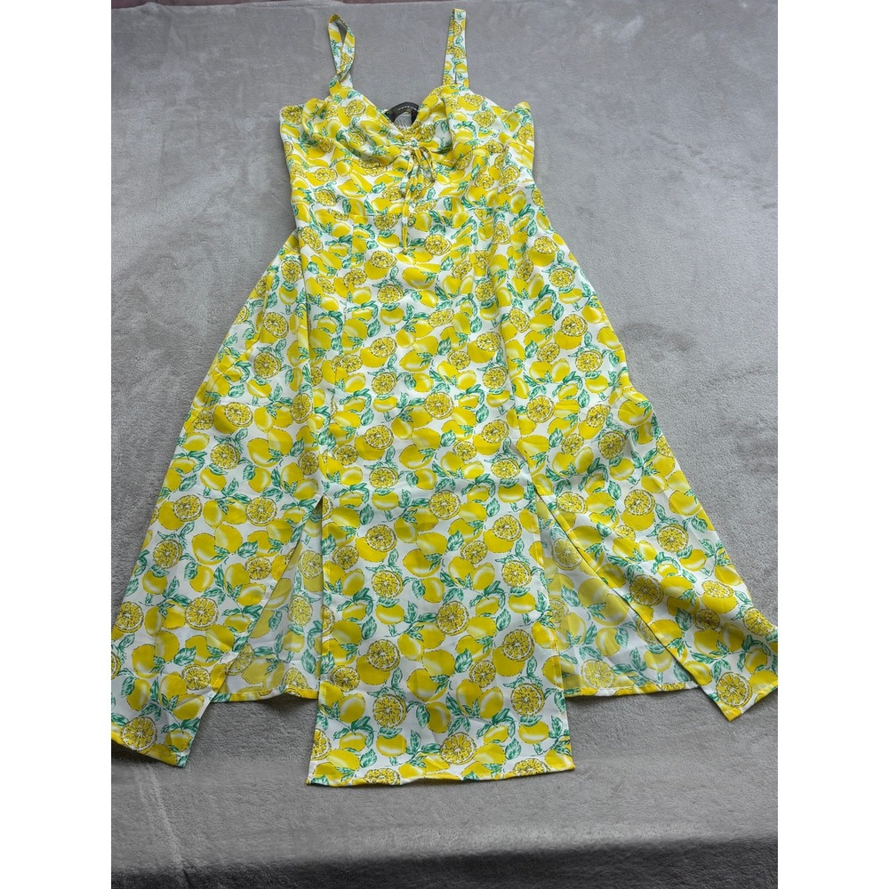 Code Mode Midi Dress Women's L Yellow Lemon Print Smocked Tie Front Amalfi Coast